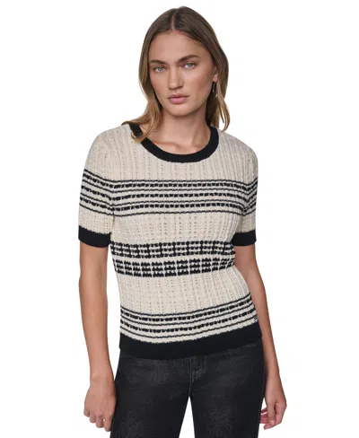 Dkny Jeans Women's Short-sleeve Striped Crewneck Cotton Sweater In Black