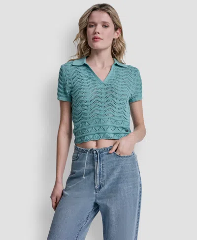 Dkny Jeans Women's Short-sleeve V-neck Polo Cropped Sweater In Blue