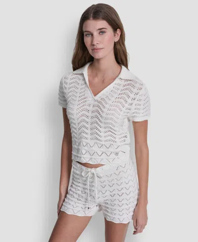Dkny Jeans Women's Short-sleeve V-neck Polo Cropped Sweater In Multi