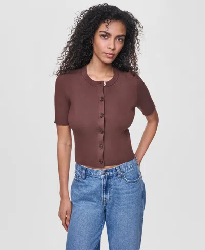 Dkny Jeans Women's Side Logo Button Front Elbow Sleeve Crewneck Sweater In Brown