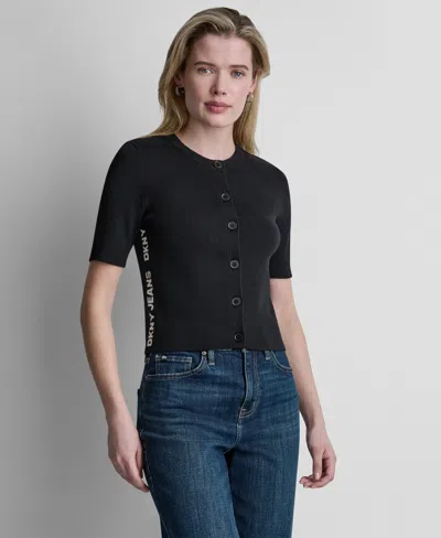Dkny Jeans Women's Side Logo Button Front Elbow Sleeve Crewneck Sweater In Black