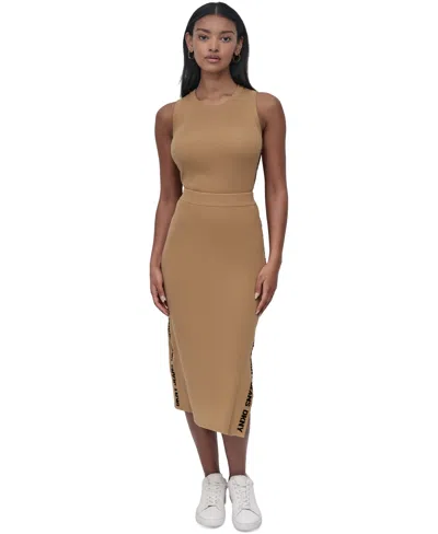 Dkny Jeans Women's Side Logo Ribbed Midi Skirt In Brown