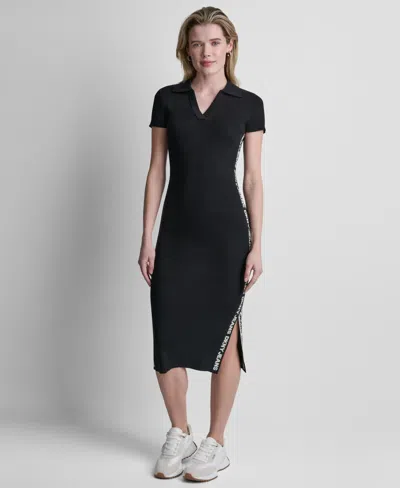 Dkny Jeans Women's Side Logo Short-sleeve Rib Midi Dress In Black