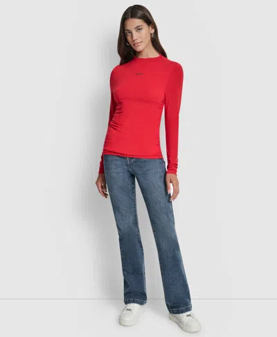 Dkny Jeans Women's Side Ruched High Neck Long Sleeve Top With Rhinestud Logo In Red