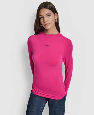 Dkny Jeans Women's Side Ruched High Neck Long Sleeve Top With Rhinestud Logo In Pink