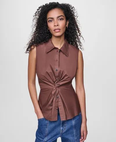 Dkny Jeans Women's Sleeveless Collared Twist Front Button-up Shirt In Brown