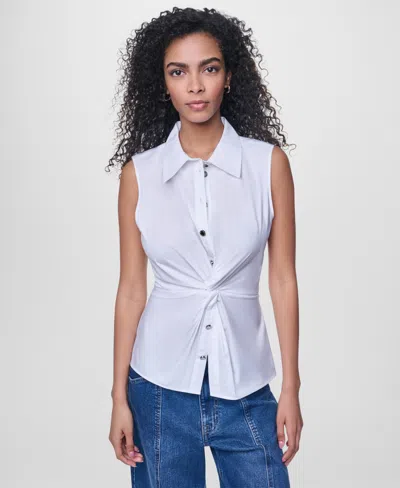 Dkny Jeans Women's Sleeveless Collared Twist Front Button-up Shirt In White