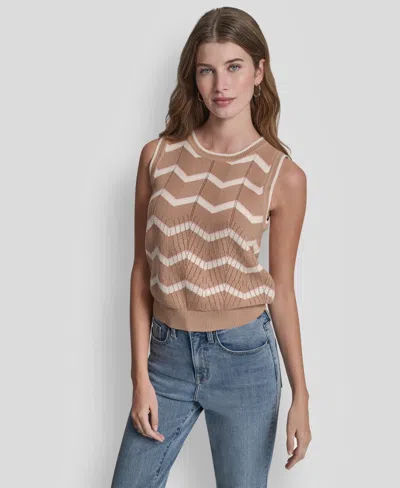 Dkny Jeans Women's Sleeveless Crewneck Stripe Sweater In Brown