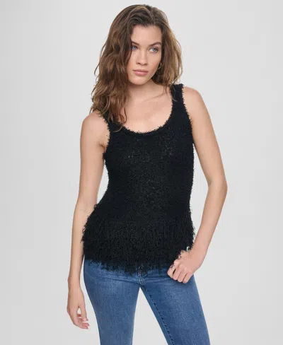 Dkny Jeans Women's Sleeveless Cropped Fringe Tank Top In Black