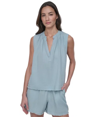 Dkny Jeans Womens Sleeveless Double Crepe Gauze Crop Top Cotton Gauze Pull On Shorts In Mn1 - Mineral