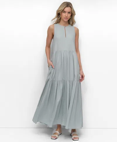 Dkny Jeans Women's Sleeveless Keyhole Crewneck Tiered Maxi Dress In Gray