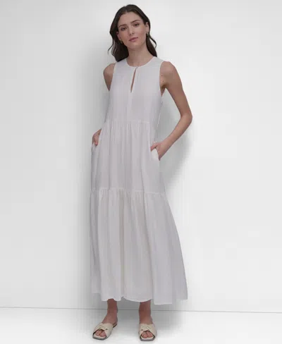 Dkny Jeans Women's Sleeveless Keyhole Crewneck Tiered Maxi Dress In White