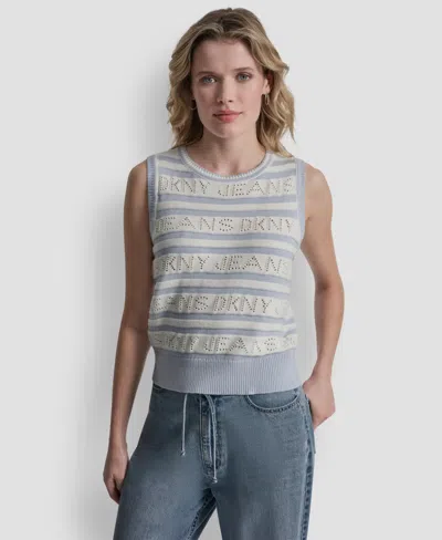 Dkny Jeans Women's Sleeveless Logo Pointelle Striped Sweater In Blue