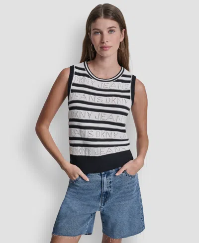 Dkny Jeans Women's Sleeveless Logo Pointelle Striped Sweater In Multi