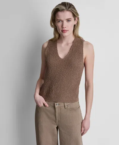 Dkny Jeans Women's Sleeveless V-neck Rib Logo Charm Cotton Slub Sweater In Gray