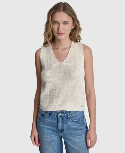 Dkny Jeans Women's Sleeveless V-neck Rib Logo Charm Cotton Slub Sweater In Neutral