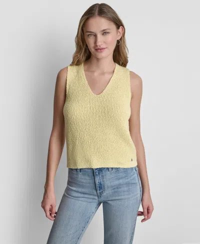 Dkny Jeans Women's Sleeveless V-neck Rib Logo Charm Cotton Slub Sweater In Yellow