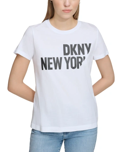 Dkny Jeans Women's Sliced Logo Print T-shirt In Whb - Wht,black