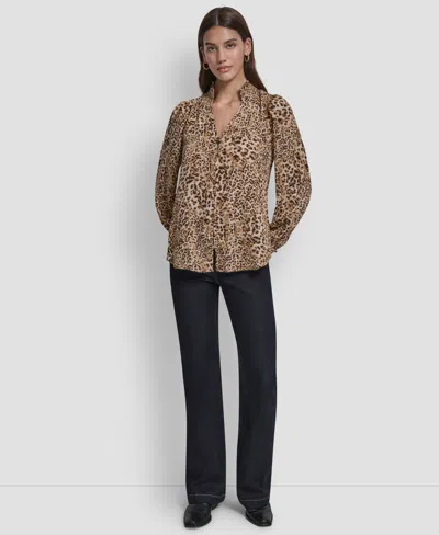 Dkny Jeans Women's Smocked Collar Shirt In Animal Print