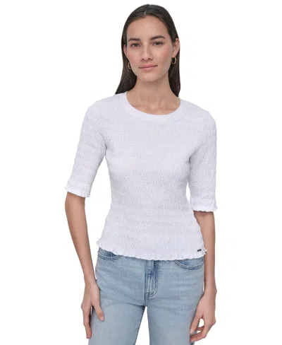 Dkny Jeans Women's Smocked Cotton Elbow-sleeve Top In White