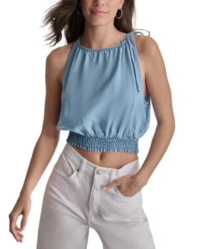 Dkny Jeans Women's Smocked-waist Sleeveless Crop Top In Chambray