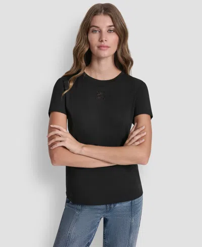 Dkny Jeans Women's Stacked Eyelet Logo Crewneck T-shirt In Black