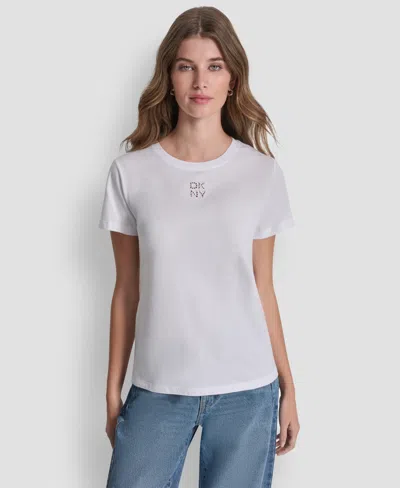 Dkny Jeans Women's Stacked Eyelet Logo Crewneck T-shirt In Gray