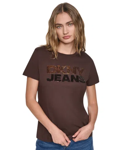 Dkny Jeans Women's Stacked Logo Mixed Sequins Crew Neck T-shirt In Espresso,espresso