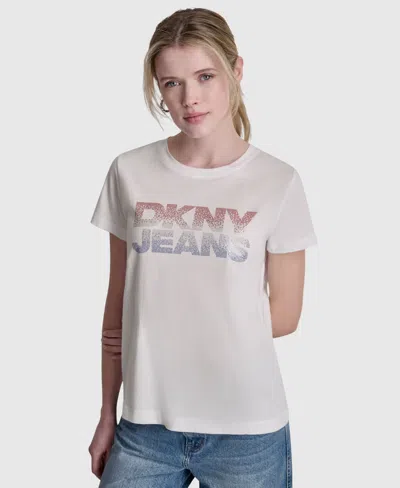 Dkny Jeans Women's Stacked Ombre Mini Rhinestone Logo Crewneck T-shirt In Neutral