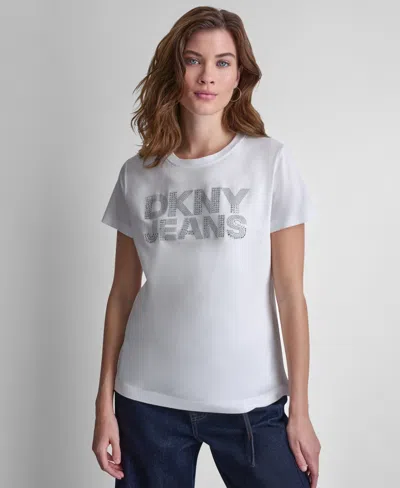 Dkny Jeans Women's Stacked Rhinestone Dome Stud Logo Crewneck T-shirt In White