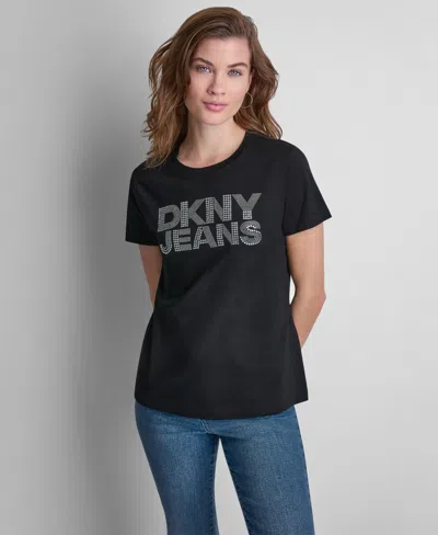 Dkny Jeans Women's Stacked Rhinestone Dome Stud Logo Crewneck T-shirt In Black