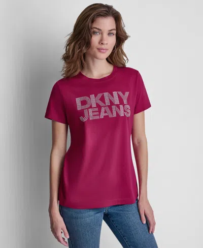 Dkny Jeans Women's Stacked Rhinestone Dome Stud Logo Crewneck T-shirt In Pink