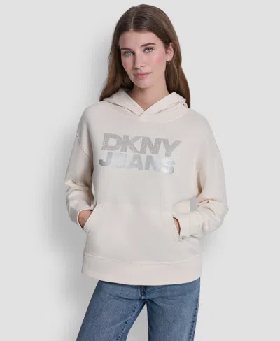Dkny Jeans Women's Stacked Rhinestone Foil Logo Hoodie In Neutral