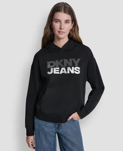 Dkny Jeans Women's Stacked Rhinestone Foil Logo Hoodie In Black