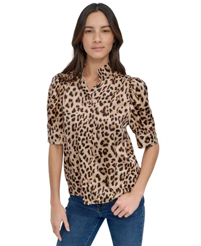 Dkny Jeans Women's Stand-collar Puff-sleeve Shirt In Brown