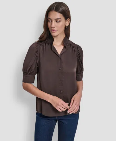 Dkny Jeans Women's Stand Collar Puff-sleeve Shirt In Brown