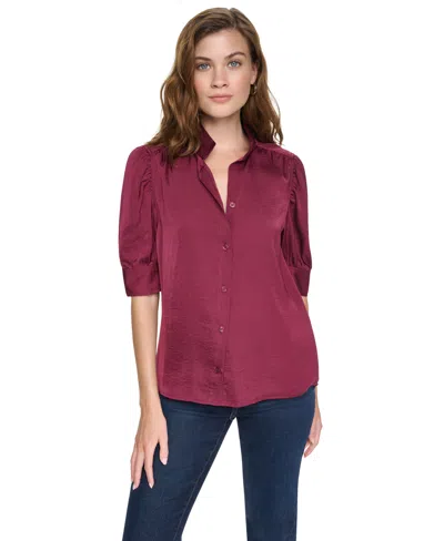 Dkny Jeans Women's Stand Collar Puff-sleeve Shirt In Brown