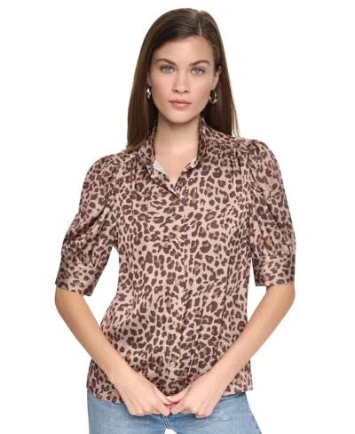 Dkny Jeans Women's Stand Collar Puff-sleeve Shirt In Nocturnal Woodsmoke