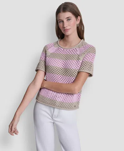 Dkny Jeans Women's Stripe Pointelle Cropped Pull-on Sweater In Multi