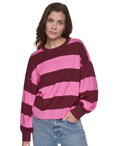 Dkny Jeans Women's Striped Blouson-sleeve Oversized Sweater In Pink