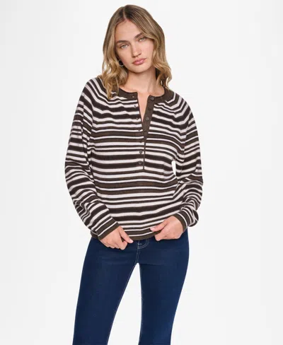 Dkny Jeans Women's Striped Long-sleeve Henley Sweater In Brown