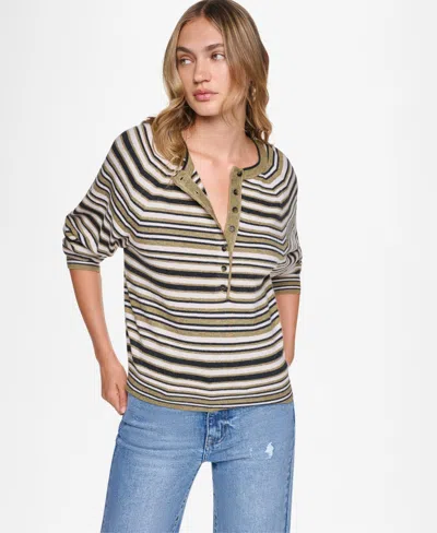 Dkny Jeans Women's Striped Long-sleeve Henley Sweater In Green