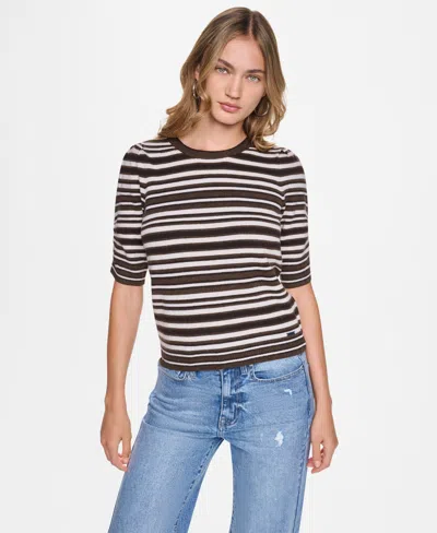 Dkny Jeans Women's Striped Puff-sleeve Crewneck Sweater In Brown