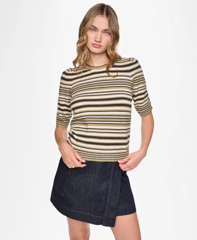 Dkny Jeans Women's Striped Puff-sleeve Crewneck Sweater In Brown