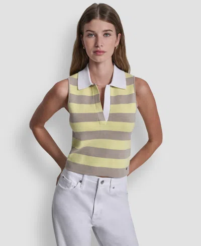 Dkny Jeans Women's Striped Sleeveless Polo Sweater In Yellow