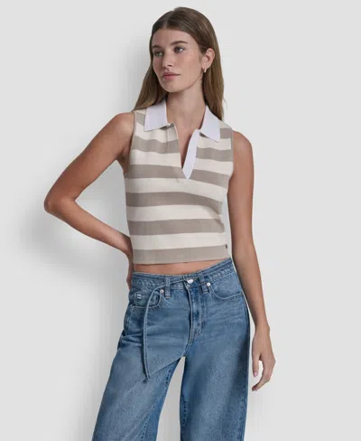 Dkny Jeans Women's Striped Sleeveless Polo Sweater In Neutral