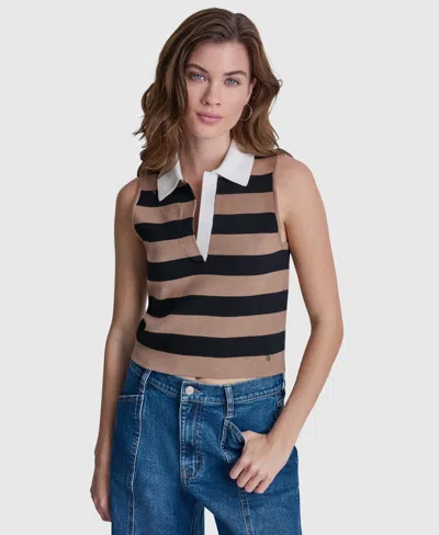 Dkny Jeans Women's Striped Sleeveless Polo Sweater In Brown