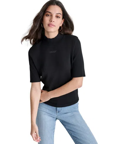 Dkny Jeans Women's Stud Logo Mock Neck Elbow-sleeve Sweater In Black,black