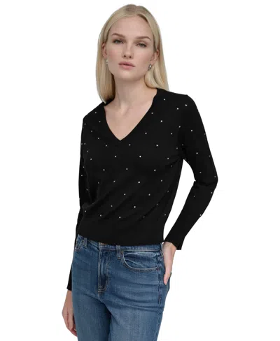 Dkny Jeans Women's Studded V-neck Sweater In Blk - Black