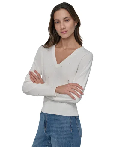 Dkny Jeans Women's Studded V-neck Sweater In Ivy - Ivory